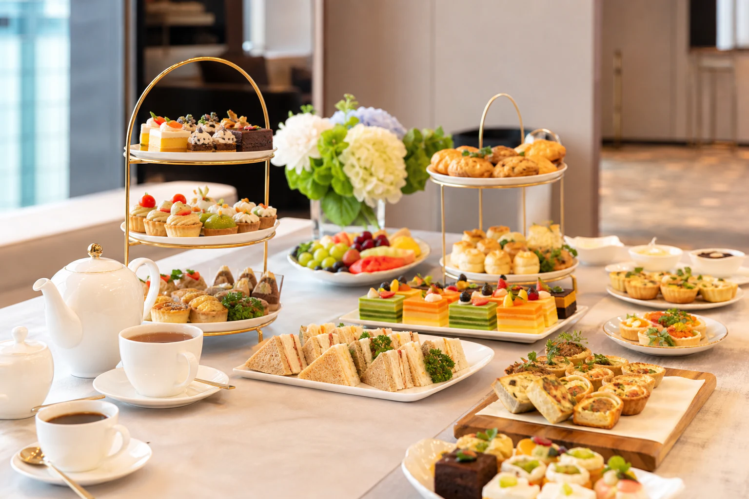High tea catering spread with finger sandwiches, pastries, fruit, tea and coffee