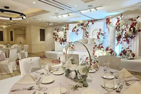Decorated wedding stage in Antica Ballroom at Orchard Rendezvous Hotel