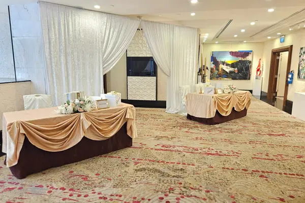Draped reception area at Antica Ballroom, Orchard Rendezvous Hotel
