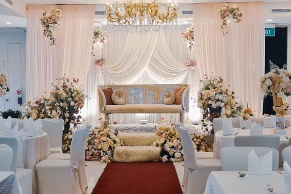 Decorated wedding stage at The Landmark Ballroom at Bugis